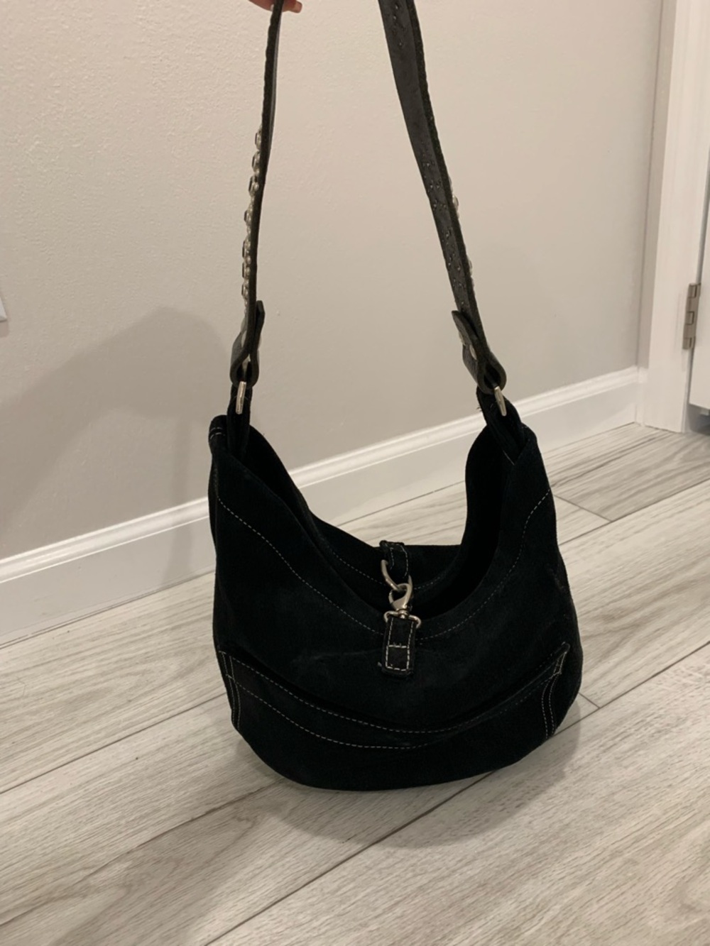 Tylie Malibu Black Suede Hobo Shoulder Bag with Chain-Trim Strap